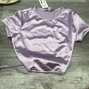 miss selfie silk purple cropped top with tie backing size medium